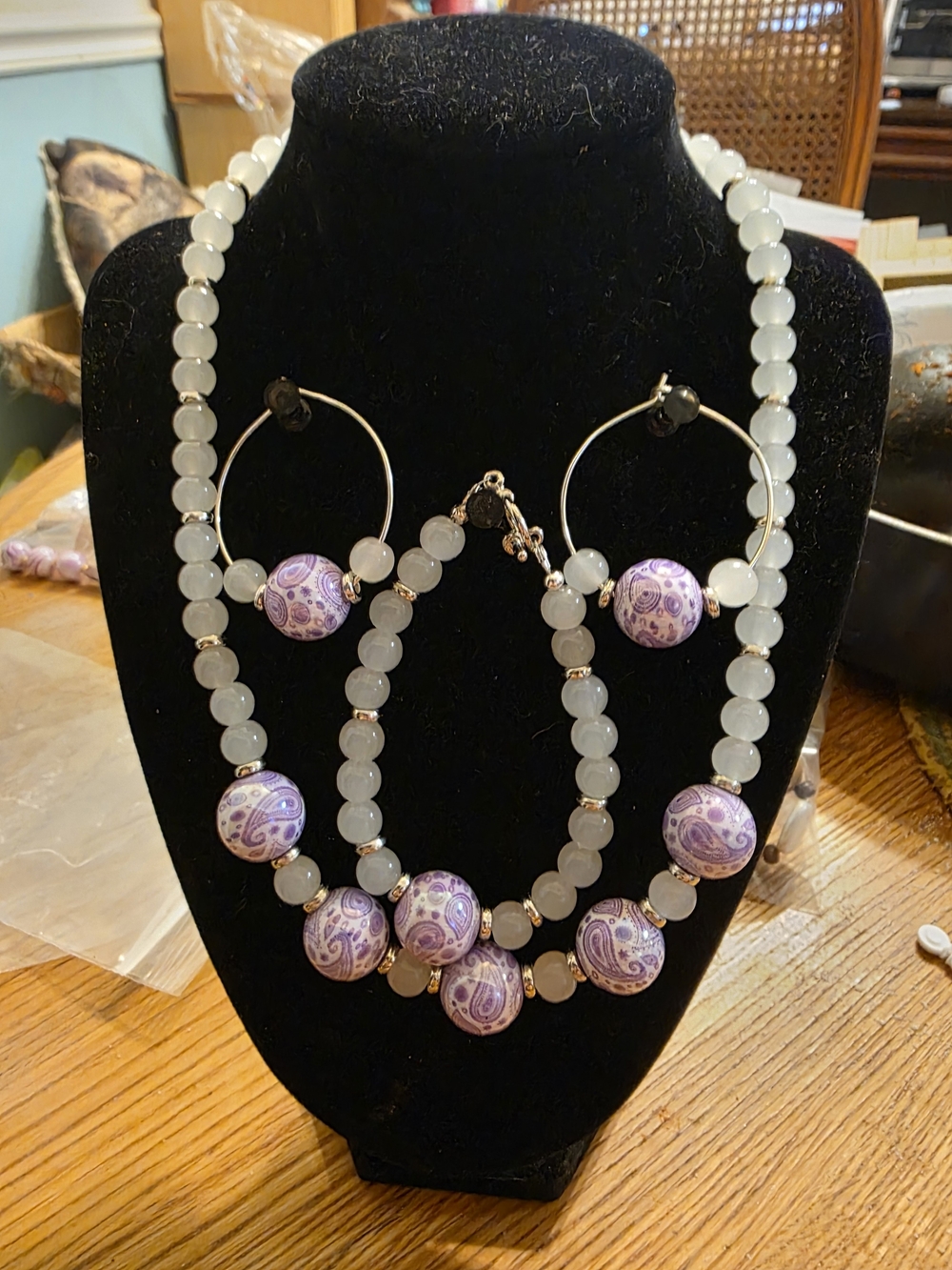Handmade Purple & White Beaded Necklace, Bracelet, And Earrings Set